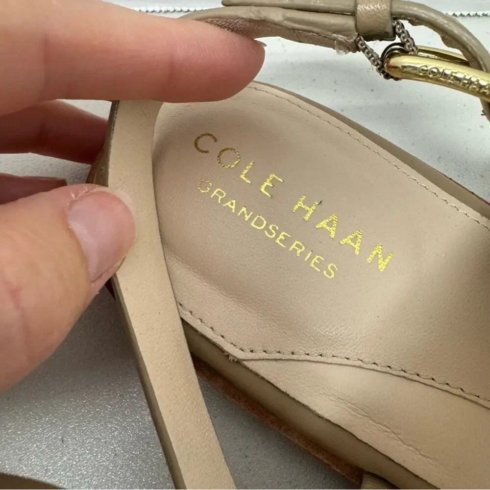 Cole Haan Grand Series Strappy Leather Sandals Women 8.5 Snake Print Cream Beach